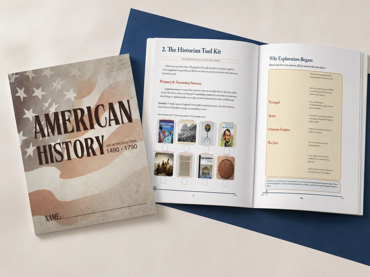 American History workbook cover next to an open spread with primary source activities